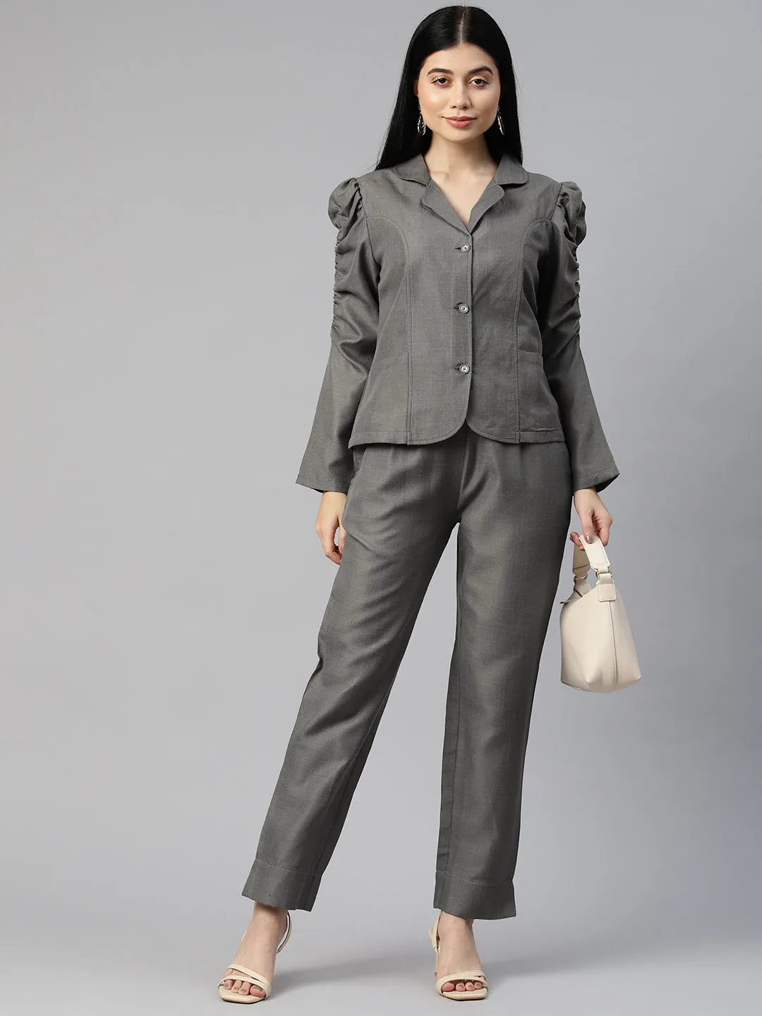 Cottinfab Women Solid Blazers and Trousers Co-ord Set