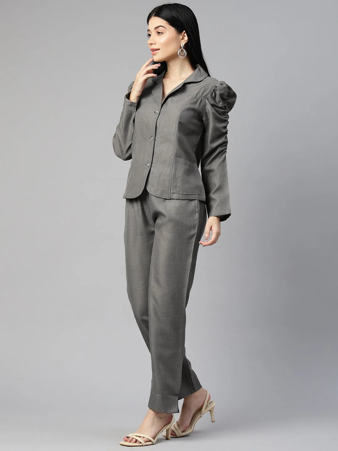 Cottinfab Women Solid Blazers and Trousers Co-ord Set