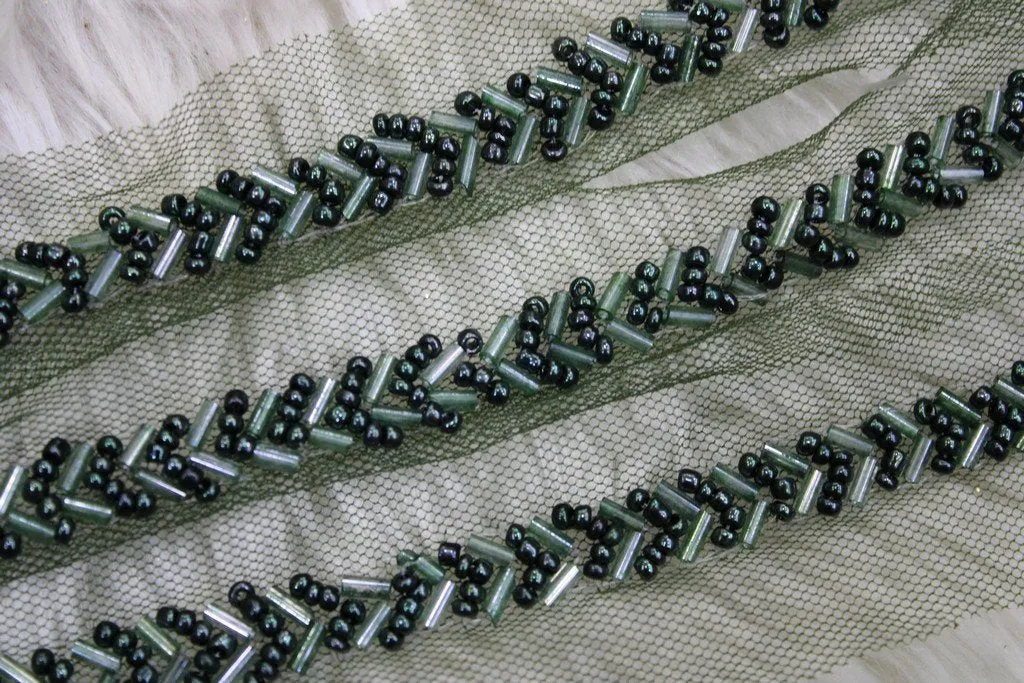 Dark Green Embellished Hand Beads Work Embroidered Lace