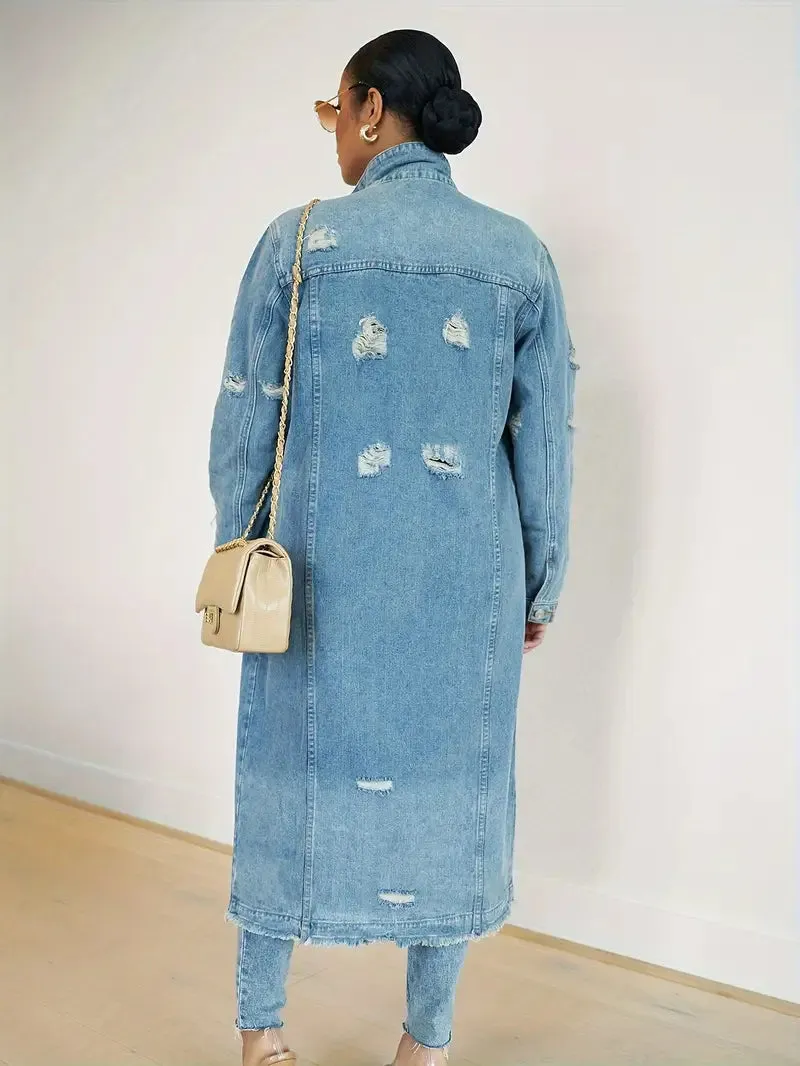DENIM DISTRESSED LONG JACKET