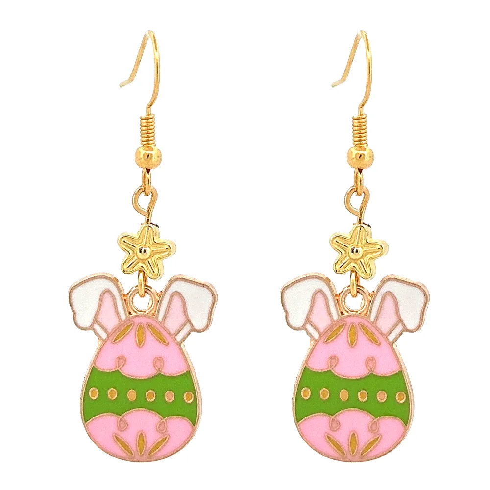 Easter Egg Bunny Enameled Charm Fashion Dangle Earrings Green Pink
