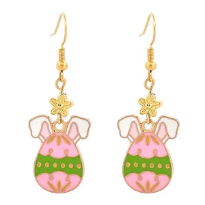 Easter Egg Bunny Enameled Charm Fashion Dangle Earrings Green Pink