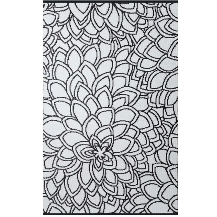 Eden Black and White Floral Recycled Plastic Outdoor Area Rug