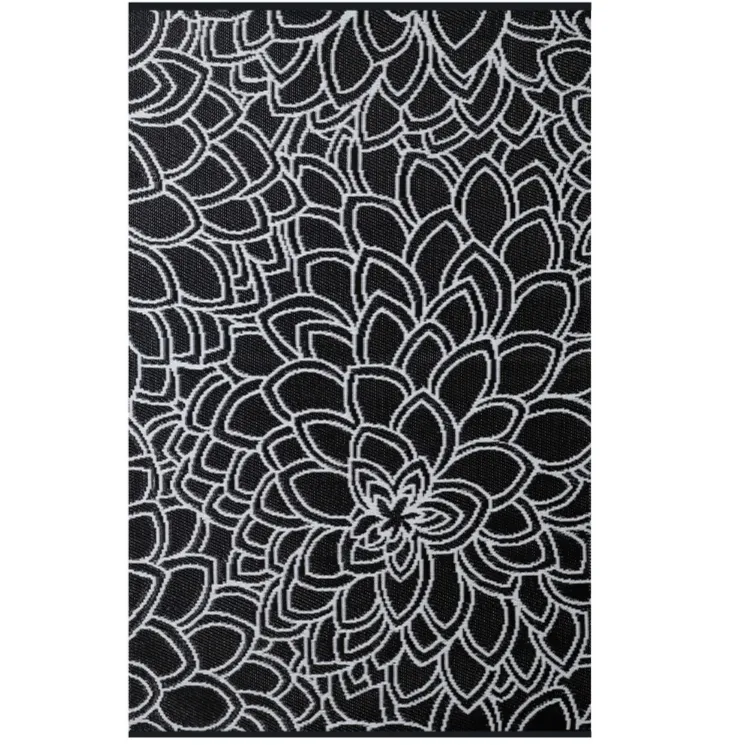 Eden Black and White Floral Recycled Plastic Outdoor Area Rug