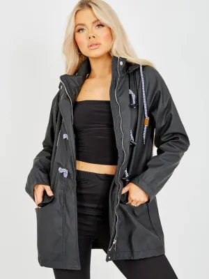 Eileen Toggle Button PU Coated Hooded Rain Mac In Black