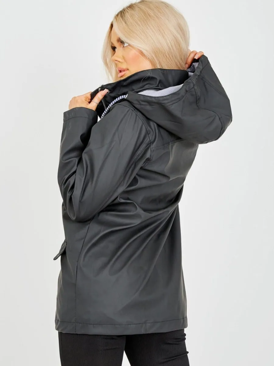 Eileen Toggle Button PU Coated Hooded Rain Mac In Black