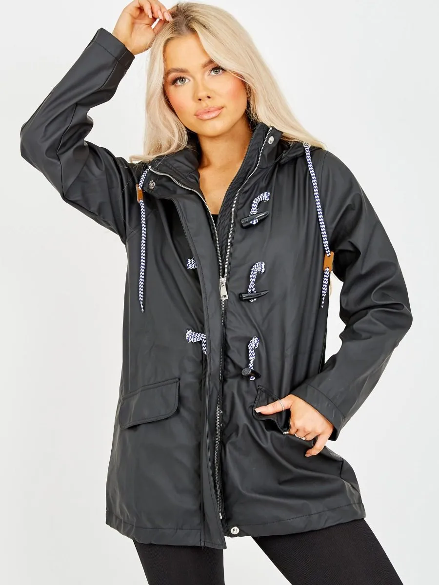 Eileen Toggle Button PU Coated Hooded Rain Mac In Black