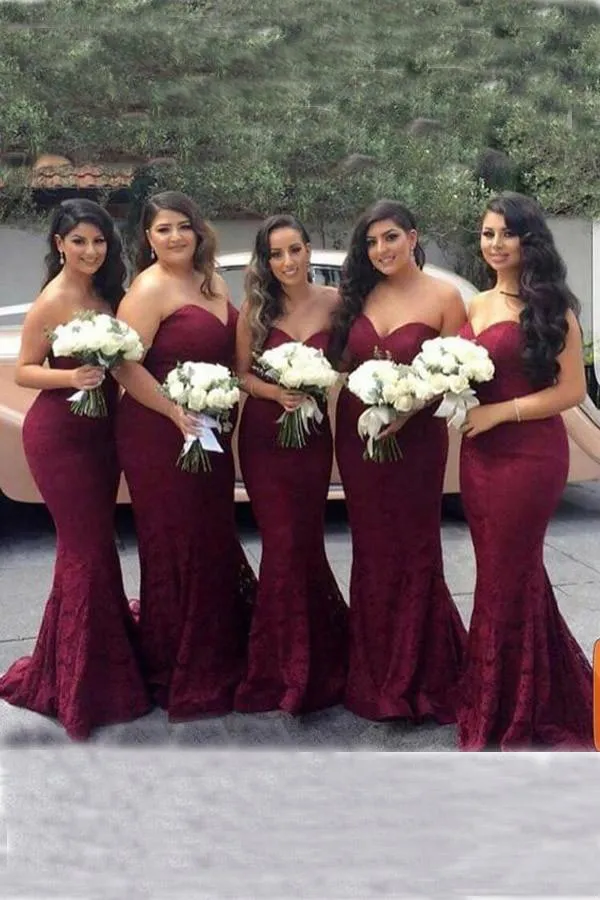 Elegant Sweetheart Strapless Burgundy Lace Mermaid Cheap Long Bridesmaid Dresses PFP0901