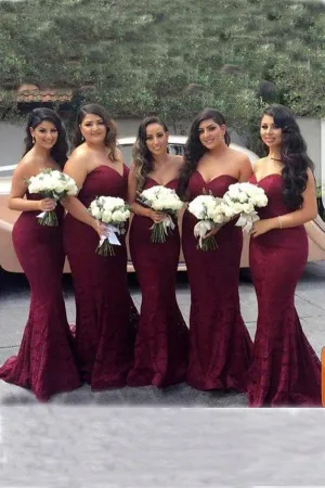 Elegant Sweetheart Strapless Burgundy Lace Mermaid Cheap Long Bridesmaid Dresses PFP0901