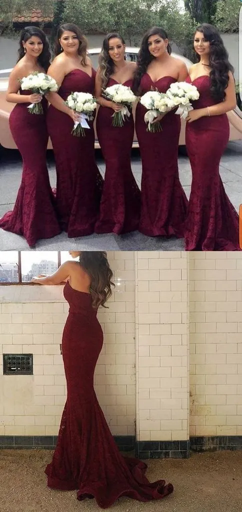 Elegant Sweetheart Strapless Burgundy Lace Mermaid Cheap Long Bridesmaid Dresses PFP0901