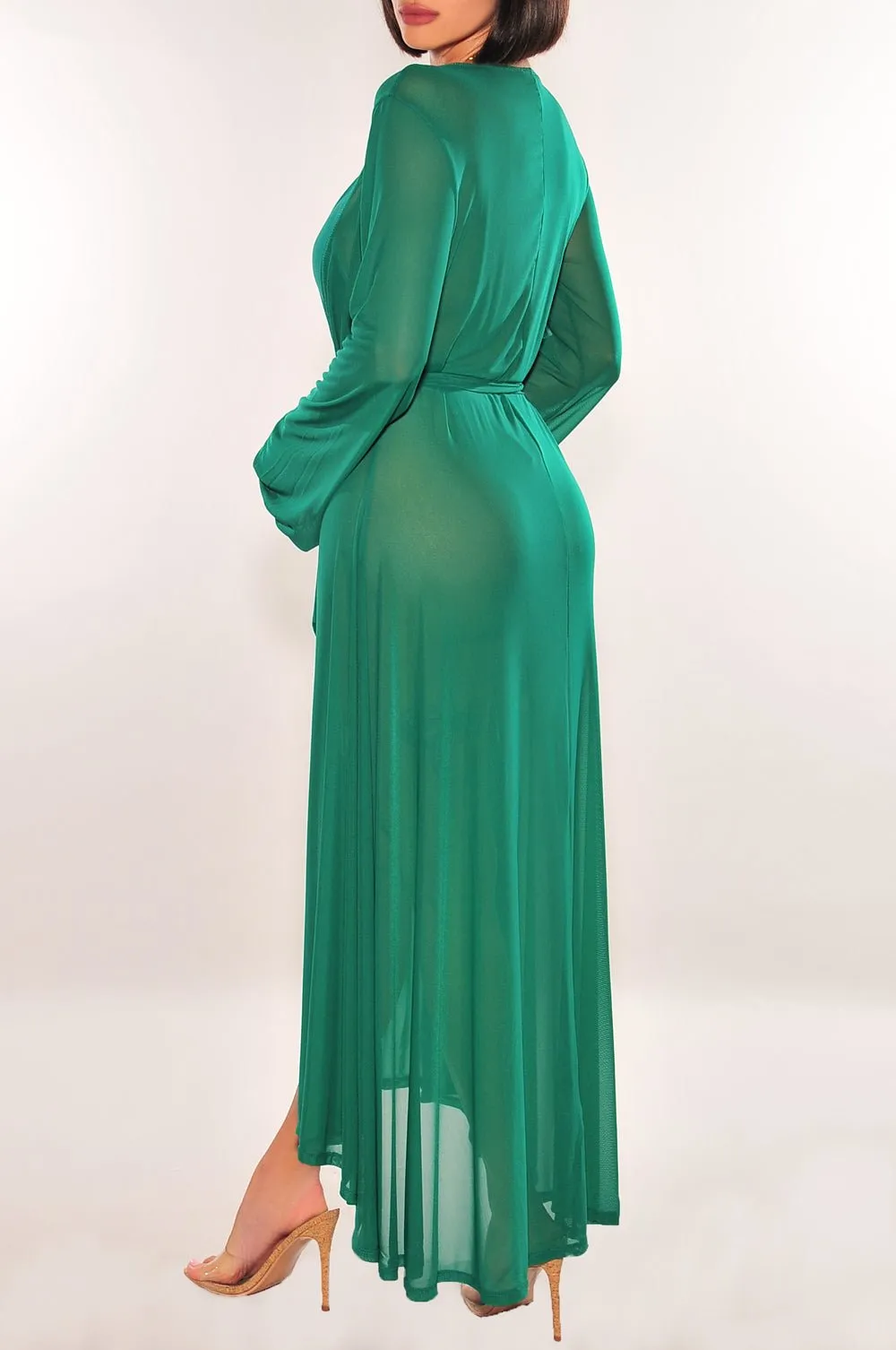 Emerald Mesh Long Sleeves Belted Maxi Cover Up