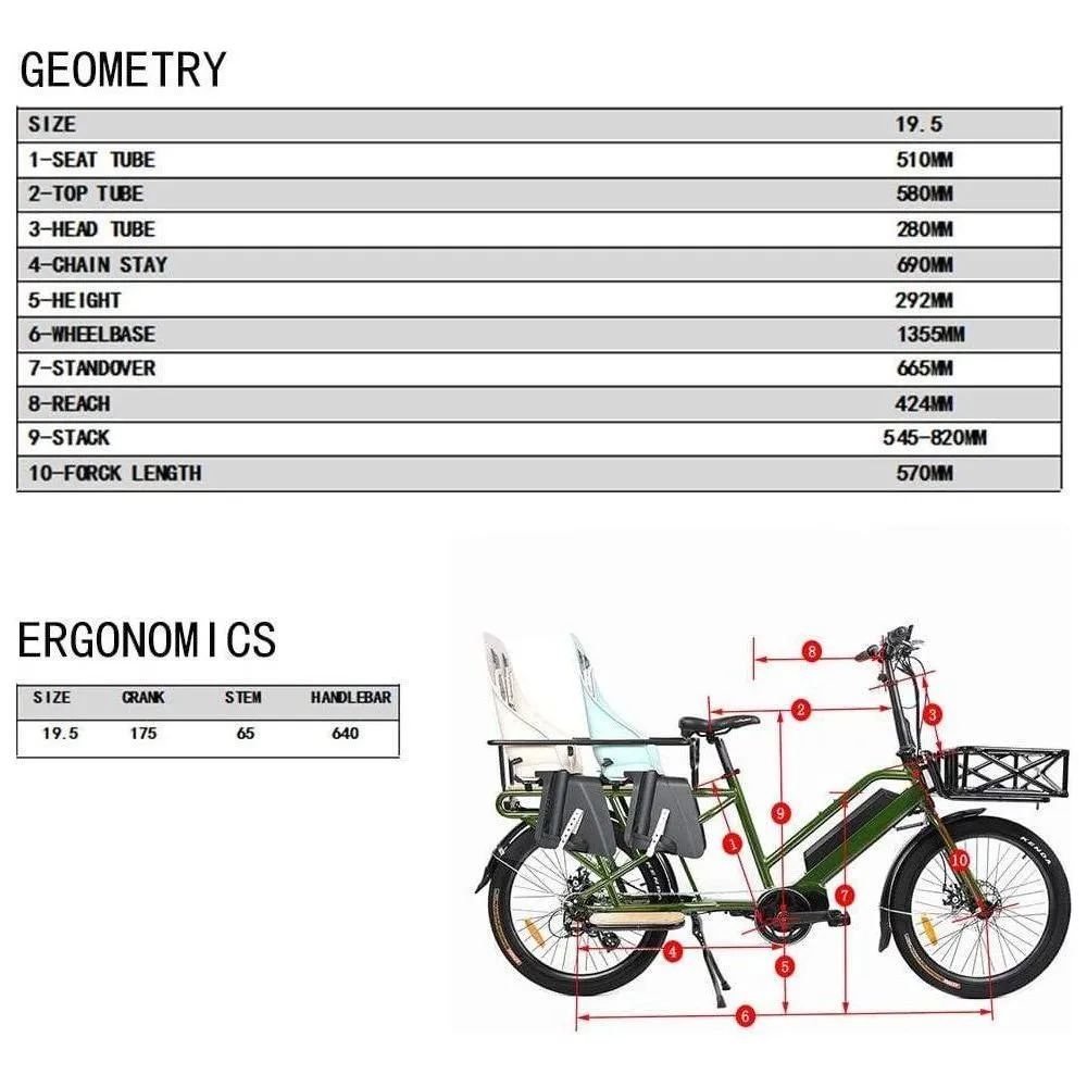 EUNORAU, G20 Electric, Mid-Drive, Long-Tail Cargo Bike, 24" - 500 Watt, 48V