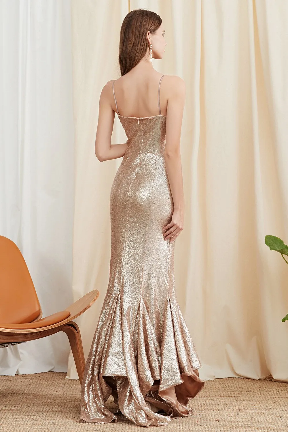 FashionSierra - Women's Party Dresses Spaghetti Straps Heavy Sequined Ruffles Sexy Split Fashion Prom Long Designer Dresses