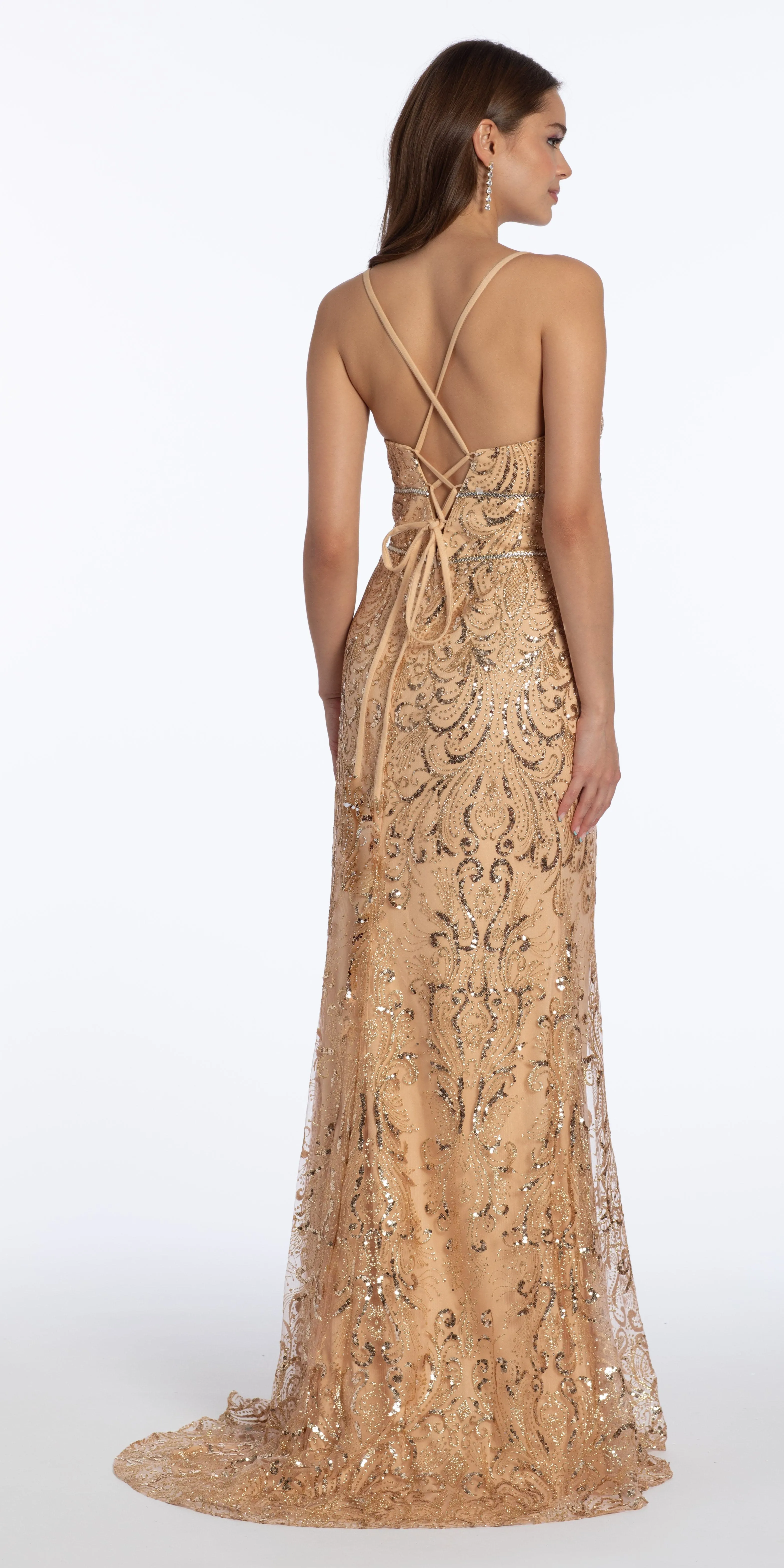 Glitter Plunging Lace Up Back Dress with Rhinestone Waist