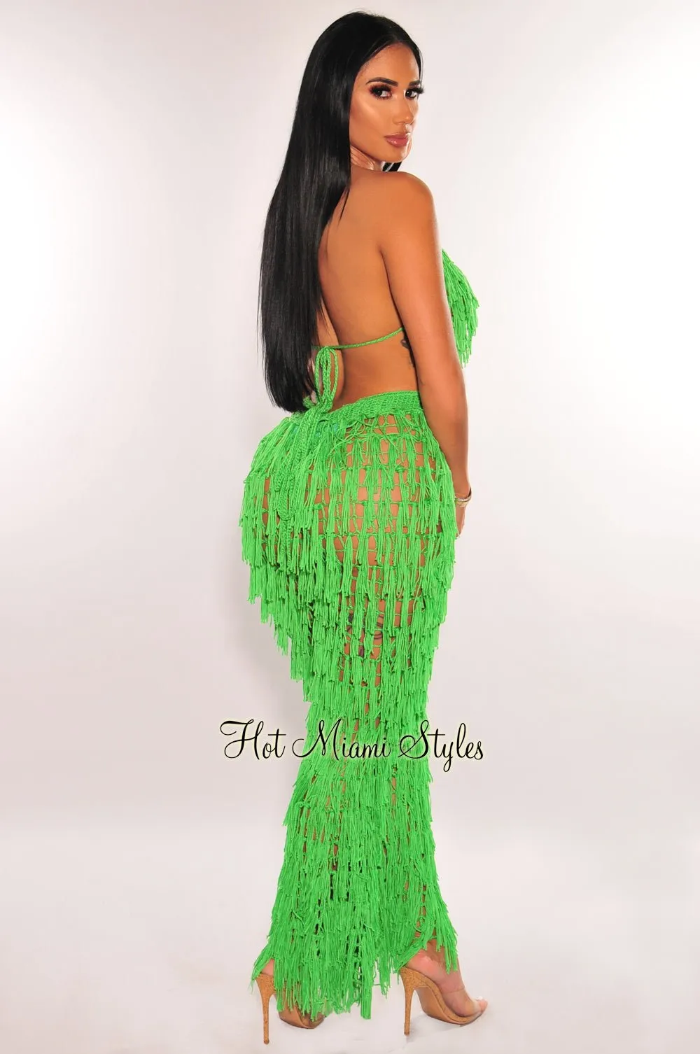 Kelly Green Crochet Halter Fringe Pants Two Piece Set Cover Up