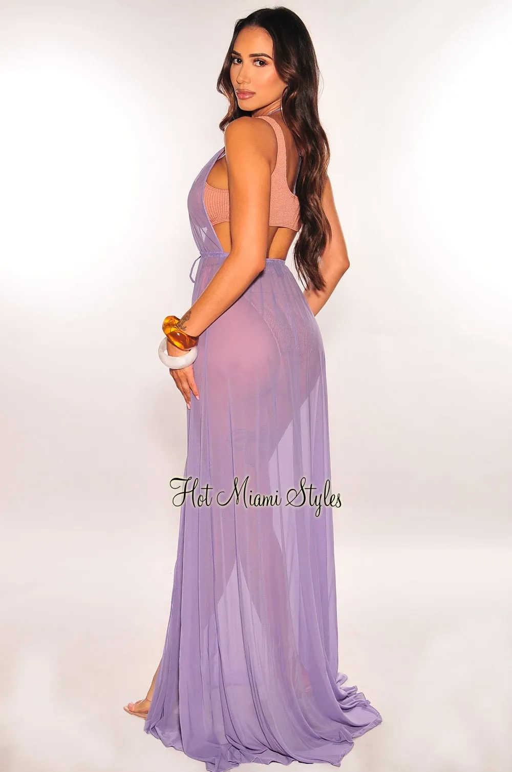 Lavender Mesh Halter Drawstring Open Back Maxi Cover Up