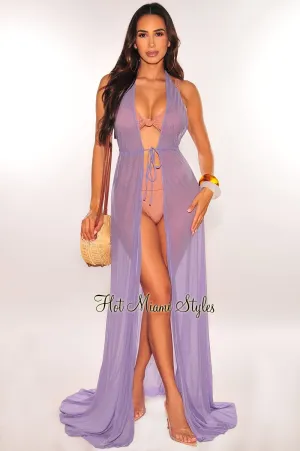 Lavender Mesh Halter Drawstring Open Back Maxi Cover Up