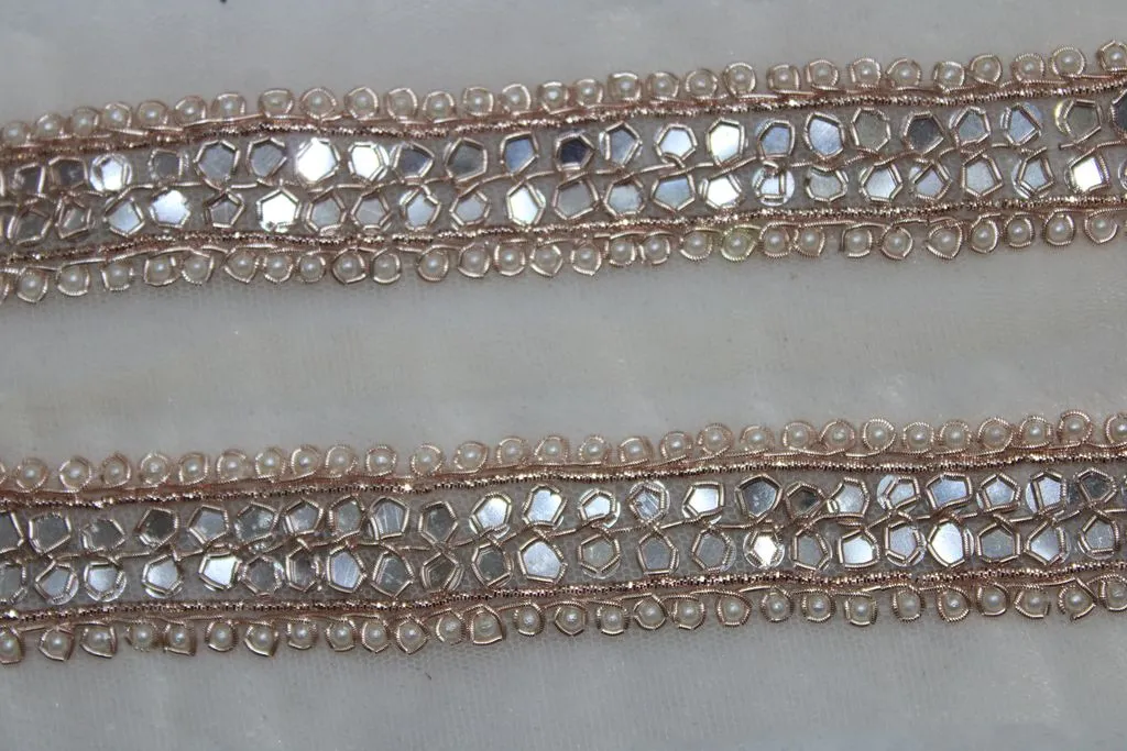 Light Golden Mirror and Pearl Work Embroidered Border