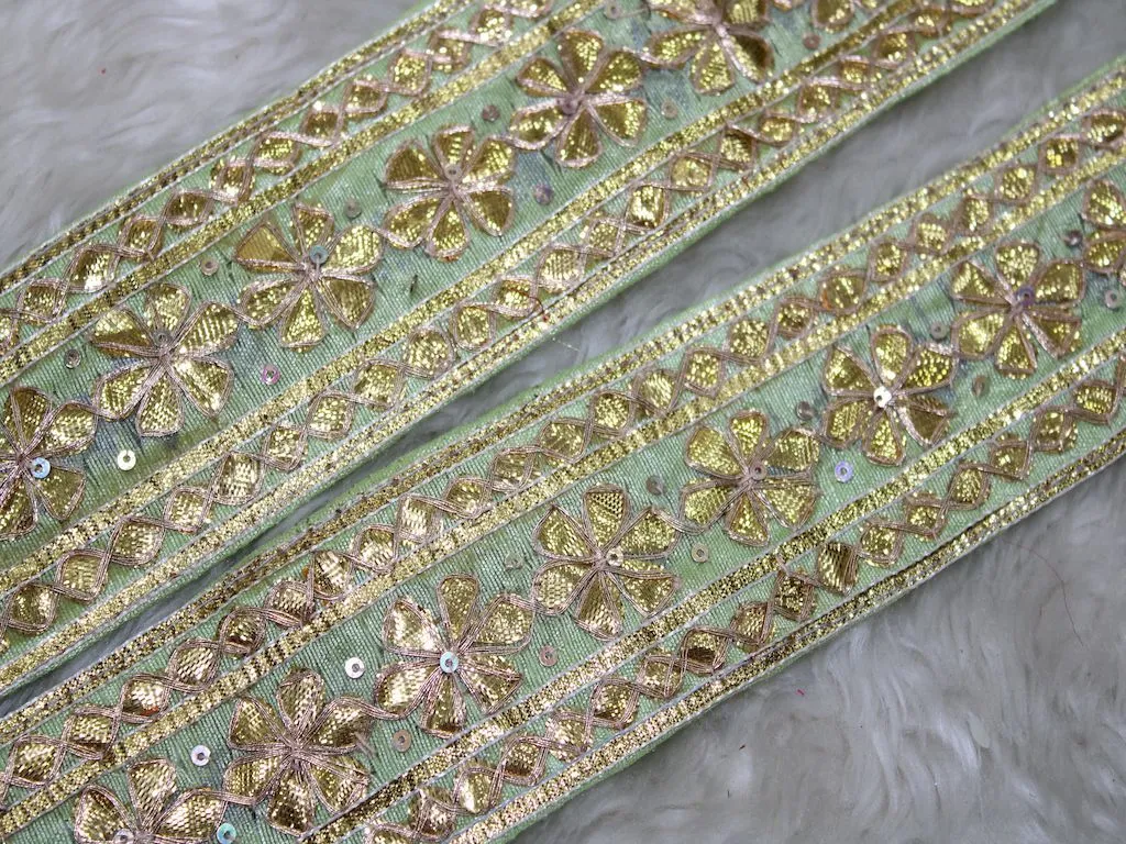 Light Green Floral Gota Work Embroidered Border