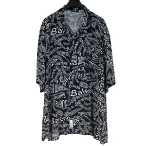 Logo Print Short Sleeve Button Down Camp Collar Shirt