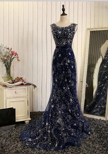 Luxury Crystal Stars Mermaid Long Evening Dresses Dubai Mermaid Sexy Backless Navy Blue Evening Gowns