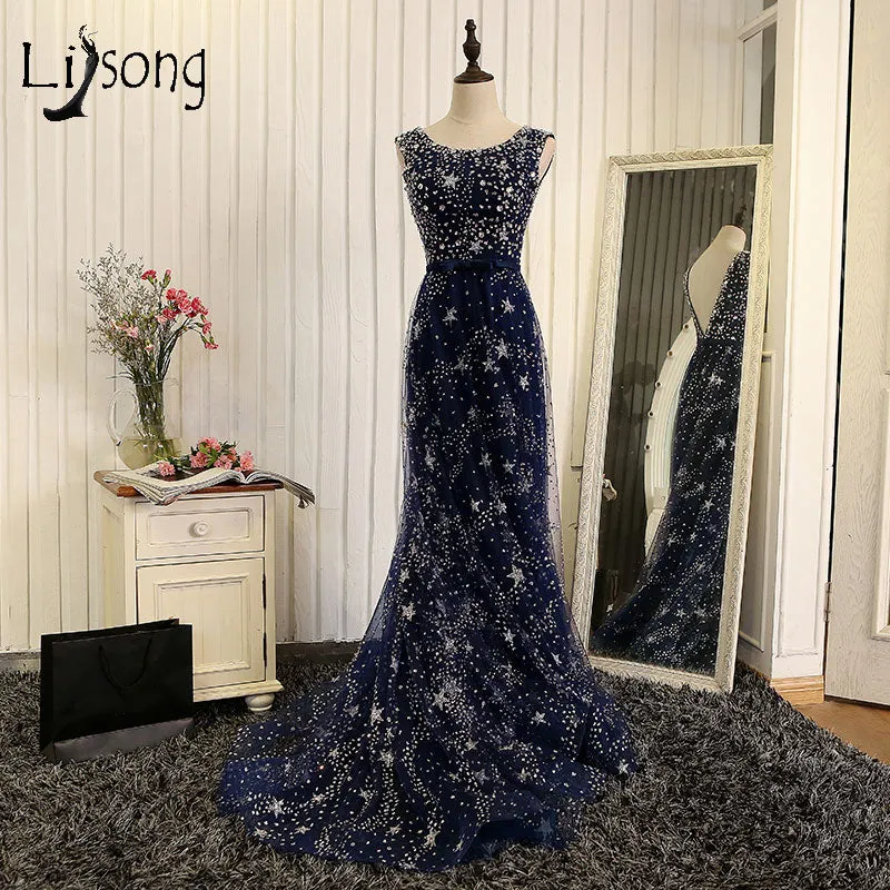 Luxury Crystal Stars Mermaid Long Evening Dresses Dubai Mermaid Sexy Backless Navy Blue Evening Gowns