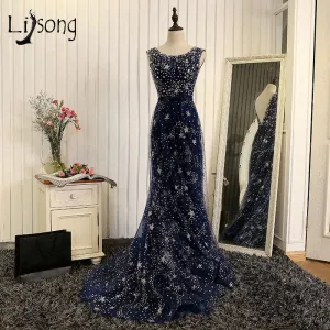 Luxury Crystal Stars Mermaid Long Evening Dresses Dubai Mermaid Sexy Backless Navy Blue Evening Gowns