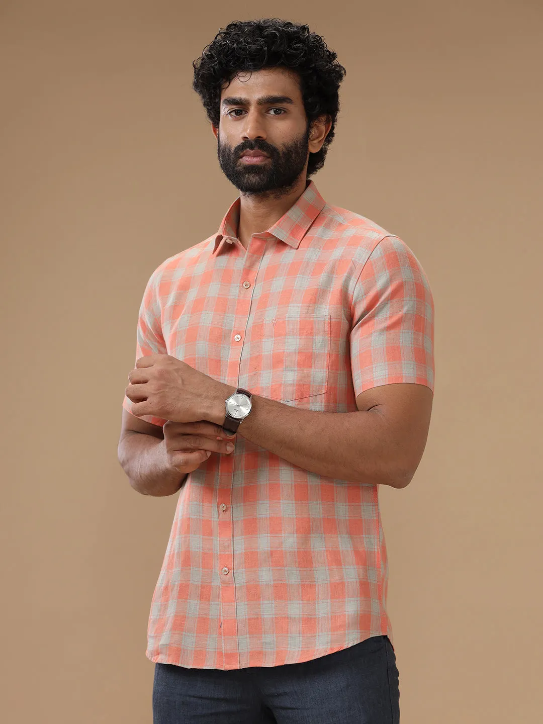 Men Pure Linen Orangy Green Checked Shirt - LS53