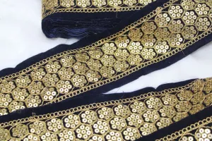 Navy Blue Floral Sequins Work Embroidered Border