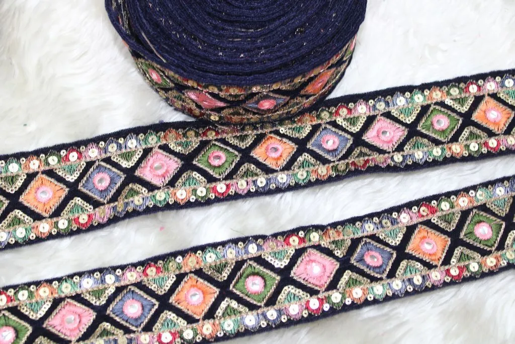 Navy Blue Multicolour Thread and Sequins Work Embroidered Border