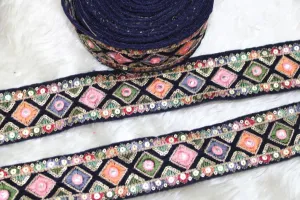 Navy Blue Multicolour Thread and Sequins Work Embroidered Border