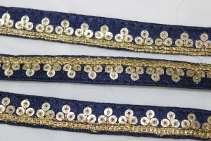 Navy Blue Sequins Work Embroidered Border