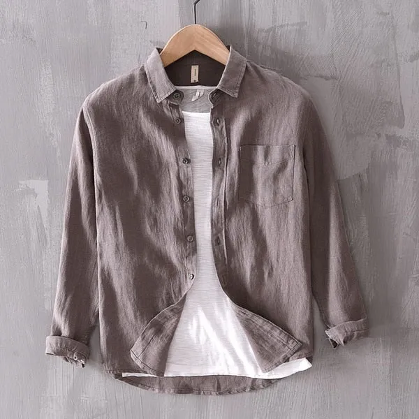 New Designer Solid Linen Brand Shirt Men Fashion Casual Green Shirts For Men Pure Flax Tops Camisa Masculina Chemise