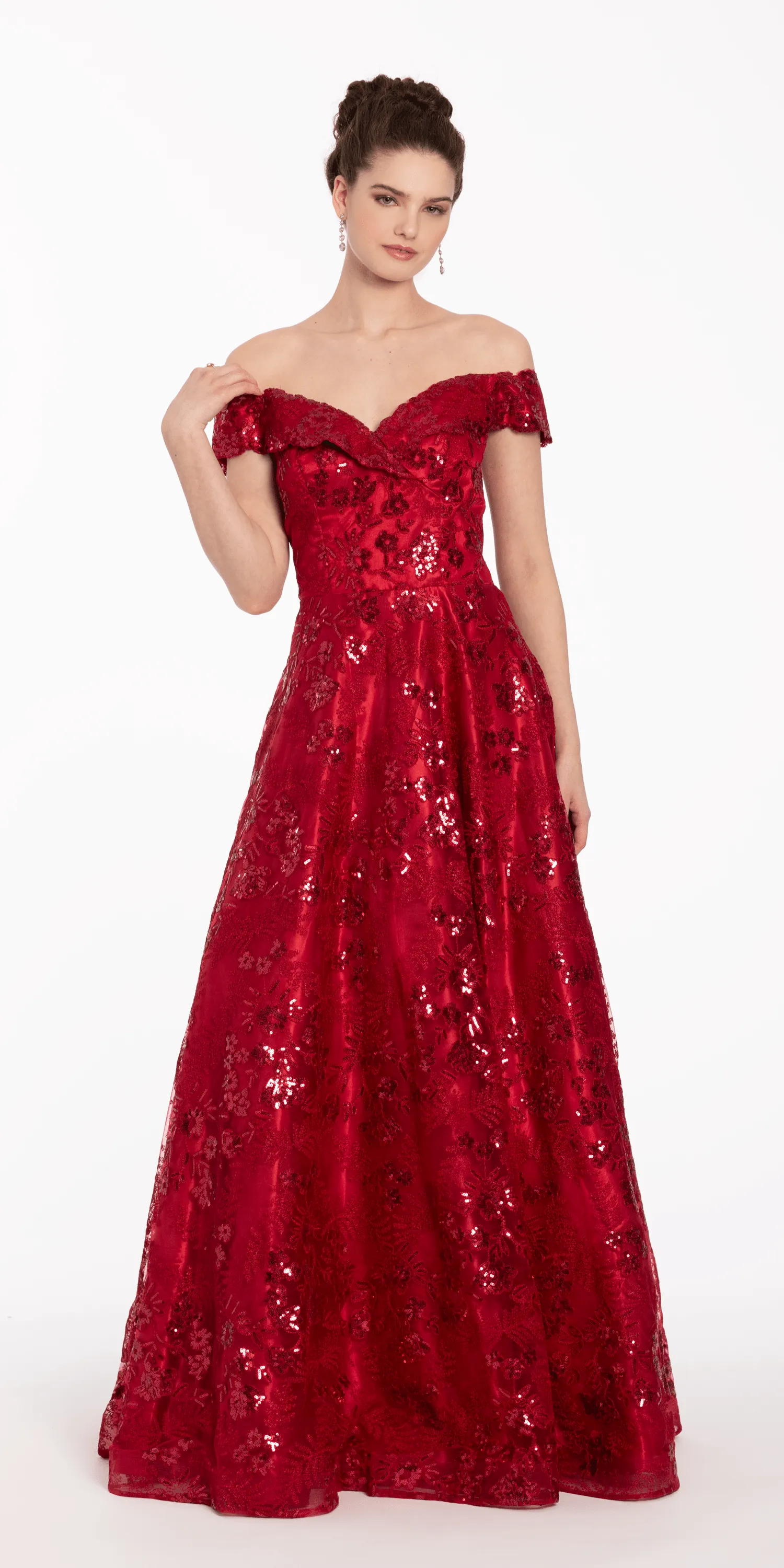 Off the Shoulder Floral Embroidered A Line Dress