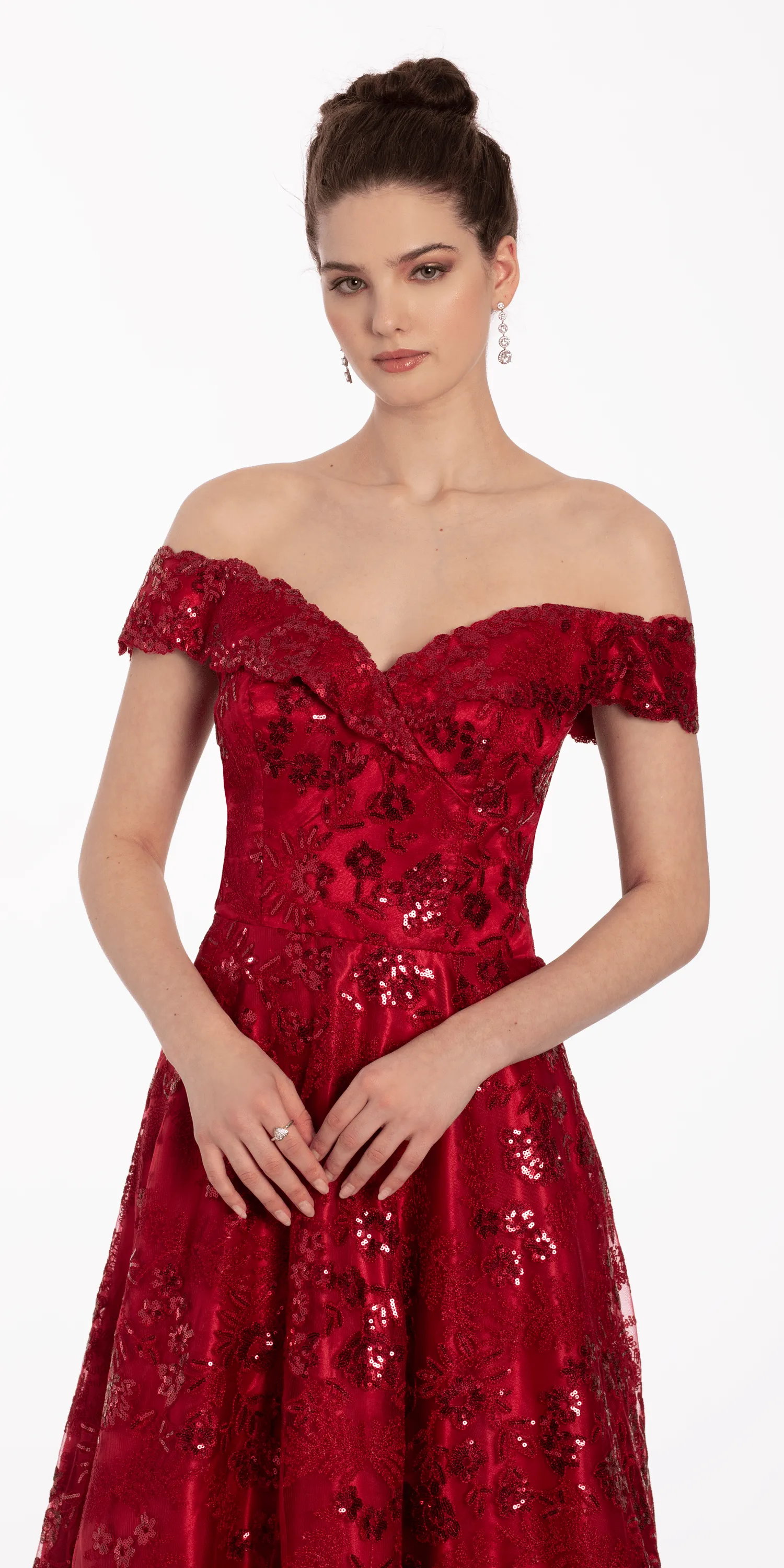 Off the Shoulder Floral Embroidered A Line Dress