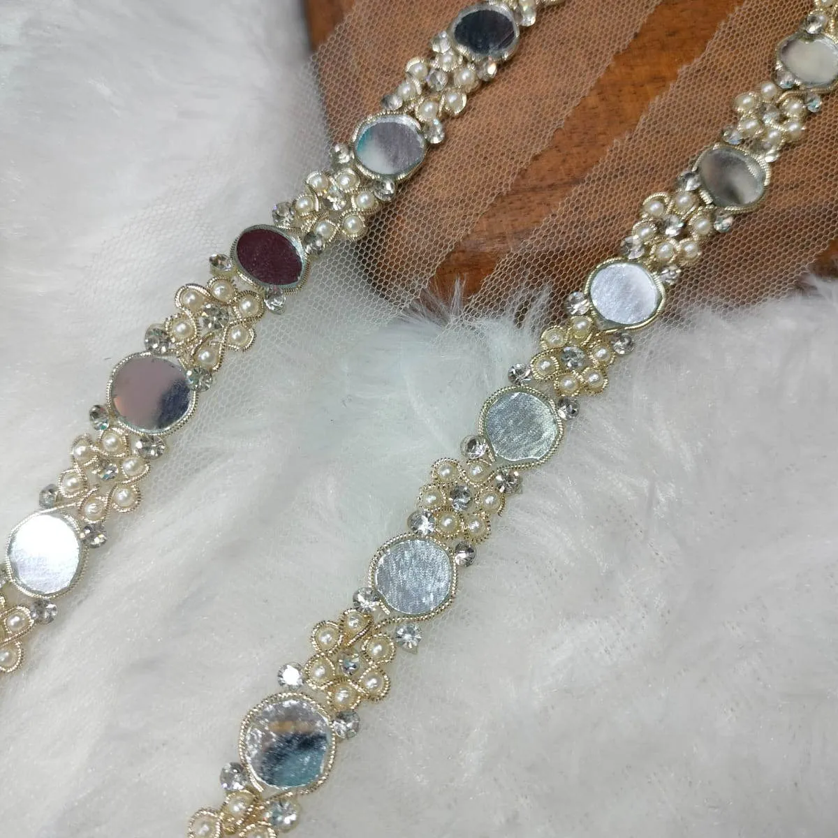 Off White Mirror Work Embellished Handwork Trim (Wholesale)
