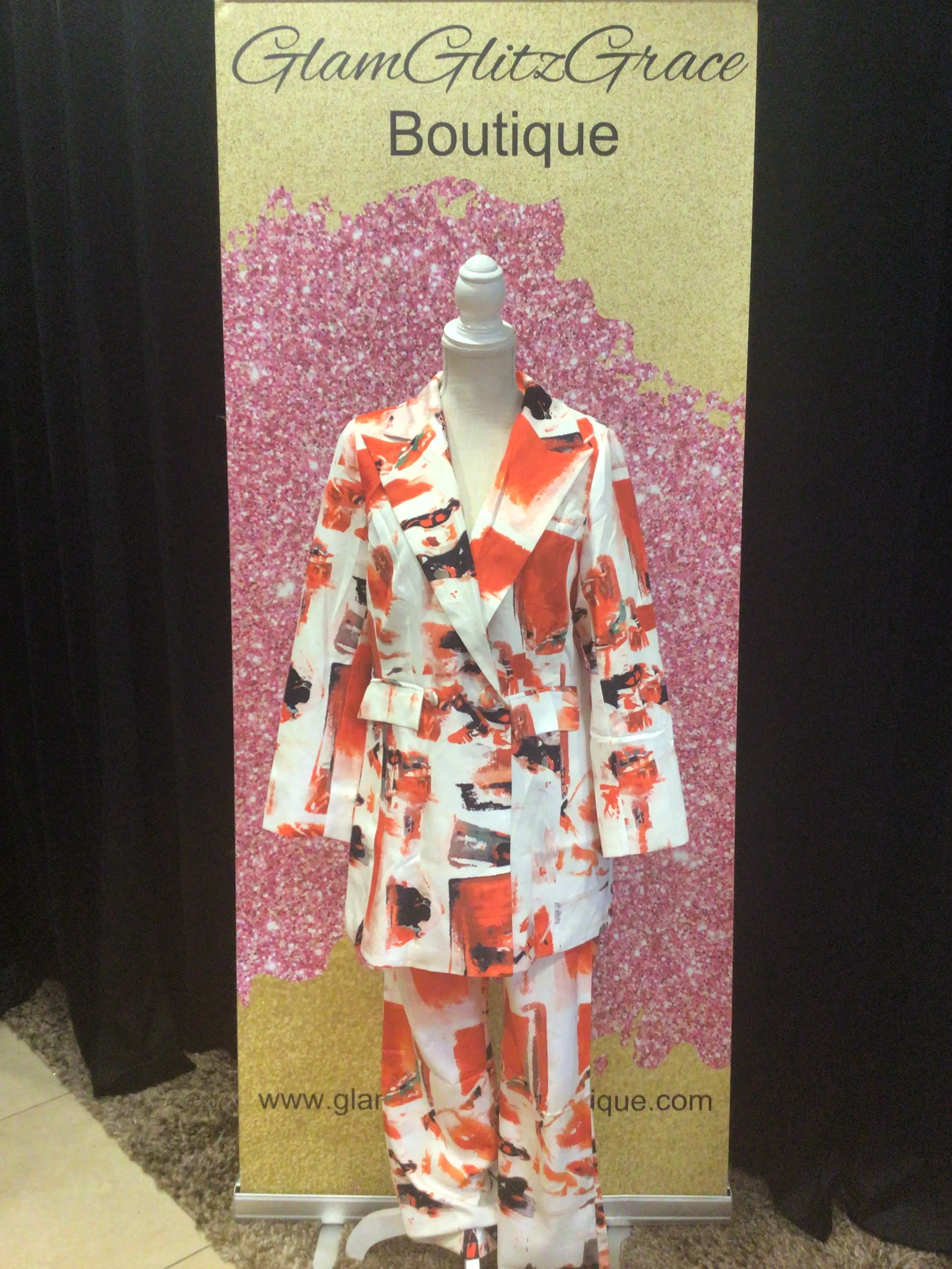 Orange Multicolored Button Up Blazer Pant Set