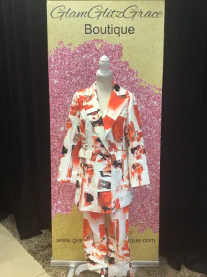 Orange Multicolored Button Up Blazer Pant Set