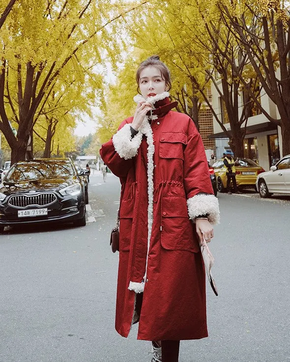 Over The Knee Winter Lamb Wool Padded Women's Jacket