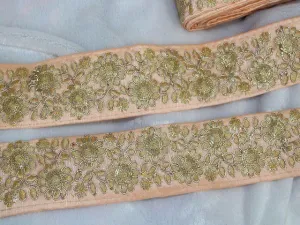 Peach Floral Zari Work Embroidered Border