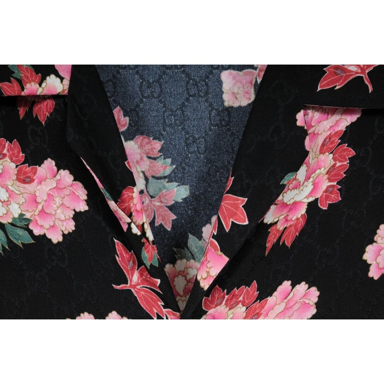 Peony Floral Bowling Shirt Medium IT50 Black Pink Silk Button Down GG Logo