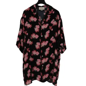 Peony Floral Bowling Shirt Medium IT50 Black Pink Silk Button Down GG Logo