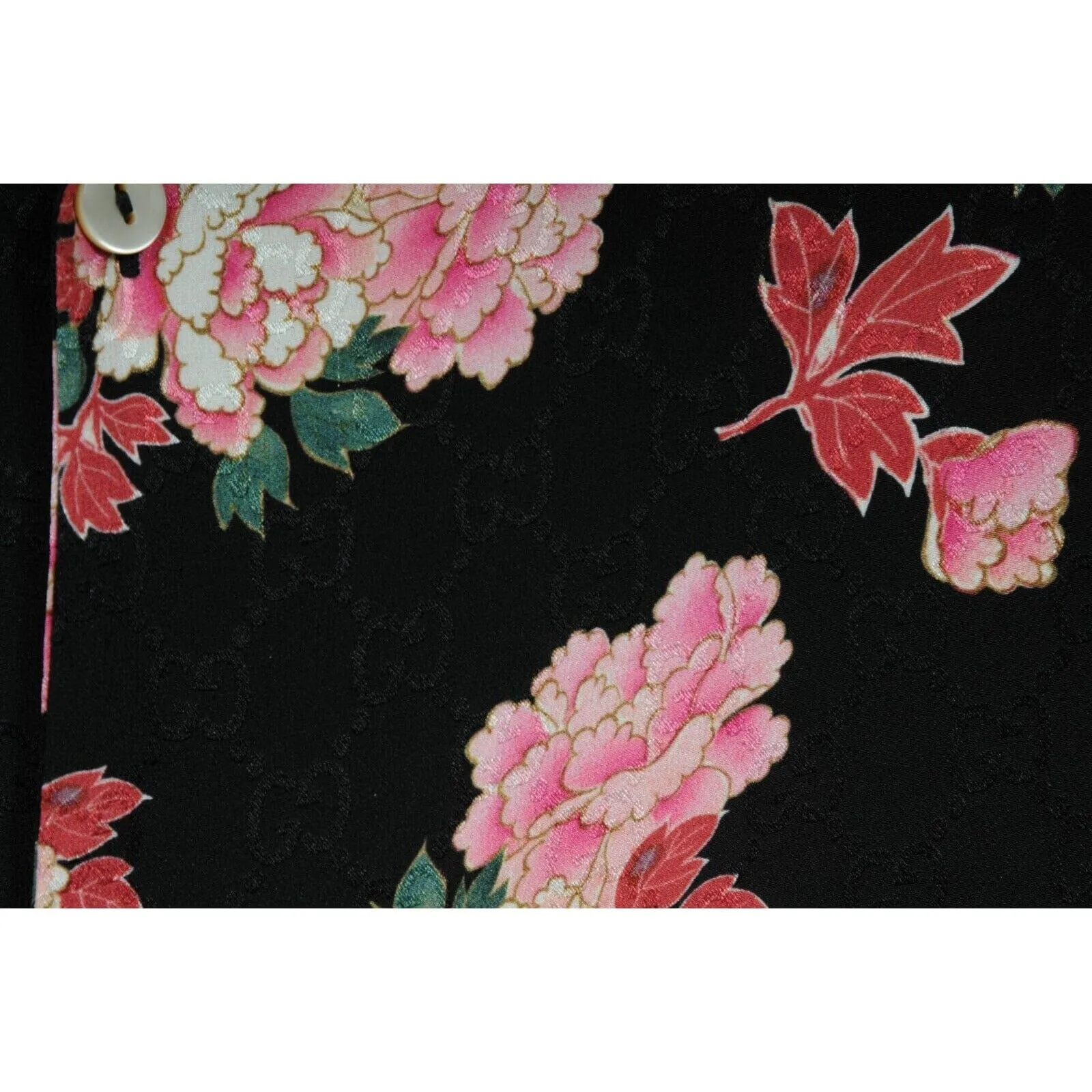 Peony Floral Bowling Shirt Medium IT50 Black Pink Silk Button Down GG Logo