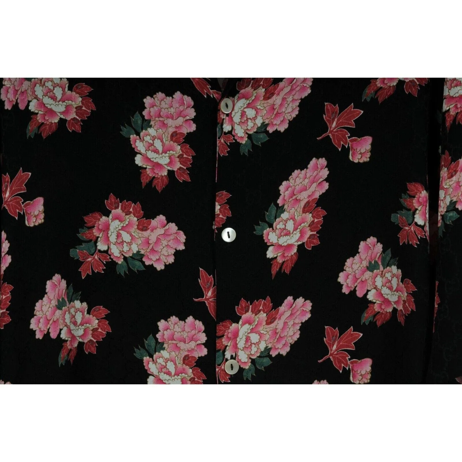 Peony Floral Bowling Shirt Medium IT50 Black Pink Silk Button Down GG Logo