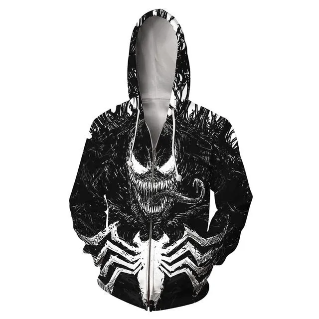 Popular Marvel movie venom 3D Printed Hoodies Men Women Spiderman Hooded Sweatshirts hip hop Zipper Pocket Jackets
