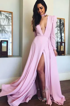 Promfast Charming Deep V Neck Long Sleeves Slit Pink Long Prom Dresses, Elegant Evening Dresses PFP1847