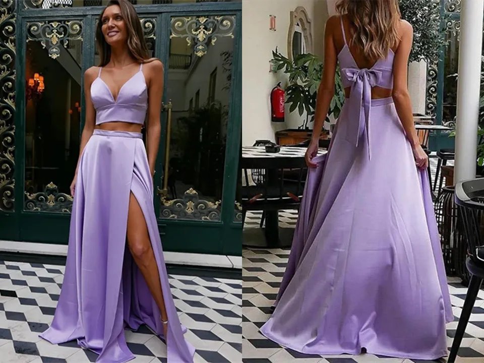 Promfast Fashion Satin Straps A Line Prom Dresses Two Pieces Gowns With Slit PFP2106