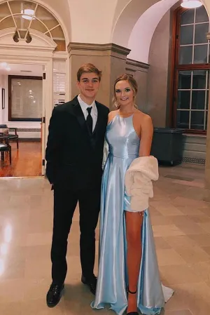 Promfast Light Blue Satin Split Long Simple Prom Dress Formal Party Dresses PFP1833