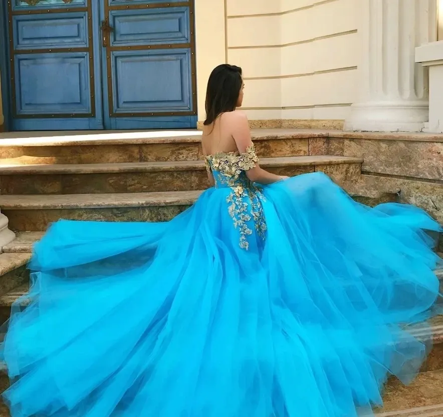 Promfast Off Shoulder Blue Gold Lace Prom Dresses, Long Lace Formal Evening Dresses PFP1877