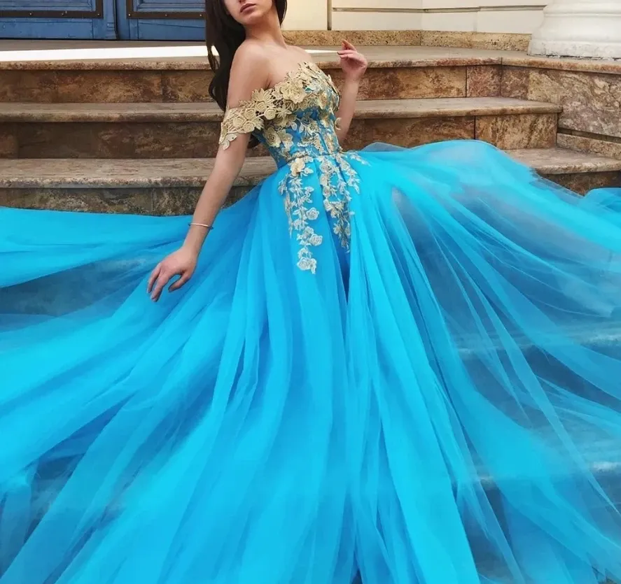 Promfast Off Shoulder Blue Gold Lace Prom Dresses, Long Lace Formal Evening Dresses PFP1877